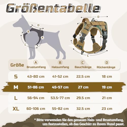 rabbitgoo Hundegeschirr Mittelgroße Hunde, Anti Zug Geschirr Hund Verstellbar mit Griffe Verbreitert, Robust Taktisches Hundegeschirr mit Metallschnallen zum Wandern(M, Camouflage Braun)