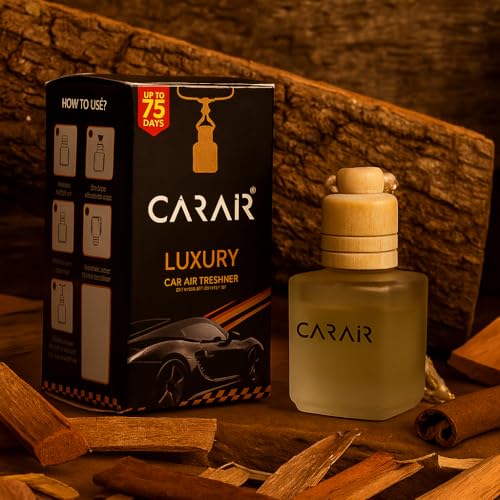 Image of Sandalwood Car Air Freshener | Hanging Car Perfume with Essential Oils | Long-Lasting Aroma in Glass Bottle with Wooden Diffuser Lid | 10ml Hanging Car Scent (Pack of 1)