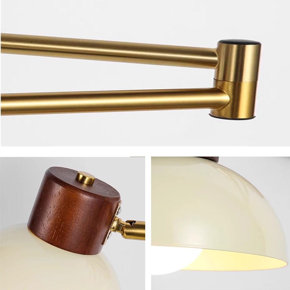 Lámpara de pared de cabecera de madera nórdica, aplique de pared con brazo oscilante dorado, cabecera ajustable flexible, iluminación de lectura, pantalla de metal crema, accesorio de iluminac