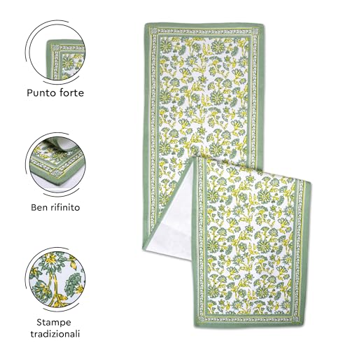 Image of Encasa XO Dining Table Runner for 4 to 6 Seater | Sage-02 Block Printed Cotton Canvas | 32x183 cm | Jaipur Sanganeri Hand Print