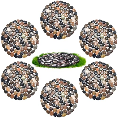 Ausluru 10in River Rock Stepping Stones Set - 6 Pack | Polished Pebble | Long-Lasting PVC Mesh Backing | Perfect for Garden Paths and Lawns Outdoor Landscaping Decoration | Mixed Circle - Thumbnail 2