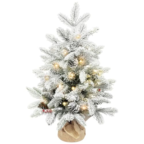 HOMCOM Árvore de Natal mini artificial 60 cm com 35 luzes LED, 182 ramos densos de neve, pinhas, bagas e base de serapilheira, decoração natalícia de mesa para casa ou escritório, verde