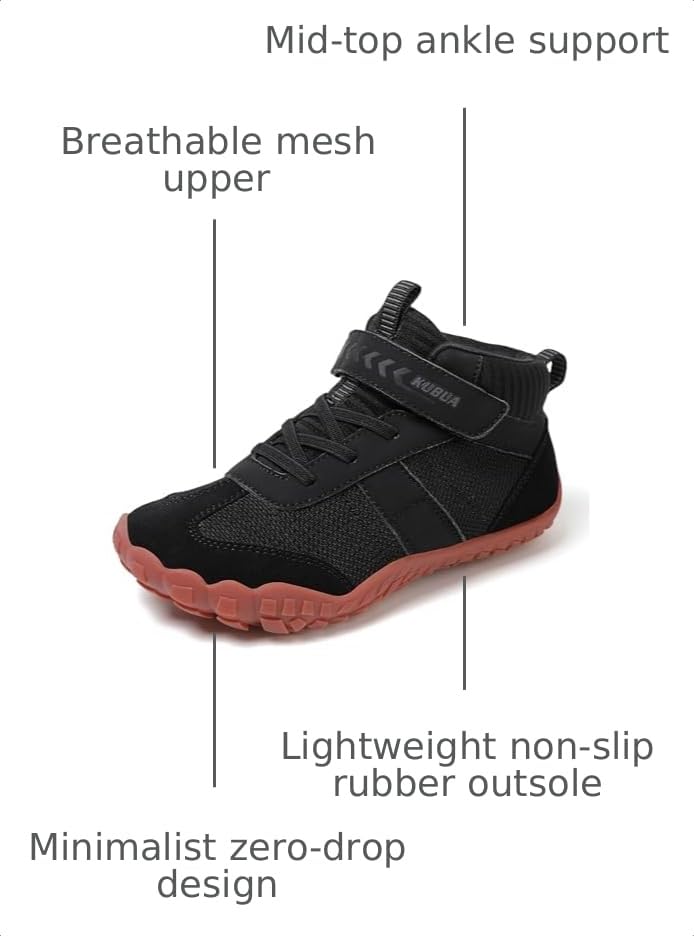 Image of KUBUA Kids High Top Barefoot Shoes Boys Girls Minimalist Zero Drop Sneakers | Wide Toe Box, Padded Collar for Ankle Support, Non-Slip, Hiking, Tennis, Walking, School, Wrestling, Gym, Little Kid, Big Kid