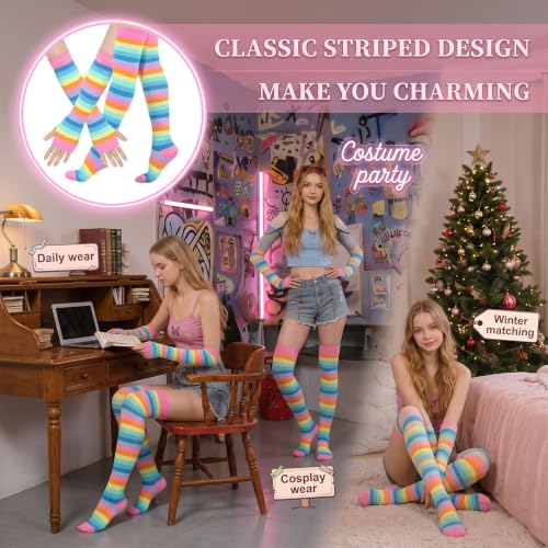 Image of Black and White Striped Arm Leg Warmers Sleeves Set Rainbow Socks Knee High Fingerless Gloves Hand Thigh Warm