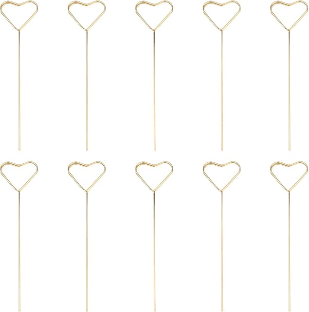 10 Pcs Metal Wires Photo Cards Heart Shape Flower Bouquet Picks Clips Memo Gift Card Holders for Wedding Birthday Party, Normal Gold