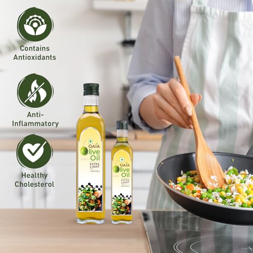 Image of Gaia Extra Light Olive Oil(250 Ml) Zero Cholesterol, Low Saturated Fat, Good for Frying, Roasting, Baking and All Indian Cusines,Enhanced Taste and Flavor, Helps Reduce Bad Cholesterol