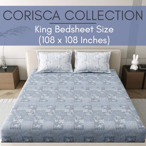 Image of Mafatlal 186 Tc Corsica Cotton Bedsheet King Size | 108 X 108 Inches | Breathable Summer Sheets for Sleeping Comfort | Pure Cotton Bedding with 2 Pillow Covers | Grey Whale