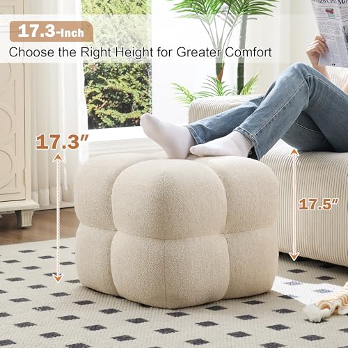 Image of Zesthouse Square Pouf Ottoman, Modern Vanity Chair Backless for Bedroom, Beige Linen Stool Seat Foot Rest, Upholstered Poofy Footstool for Couch, Fabric Ottoman Coffee Table for Living Room