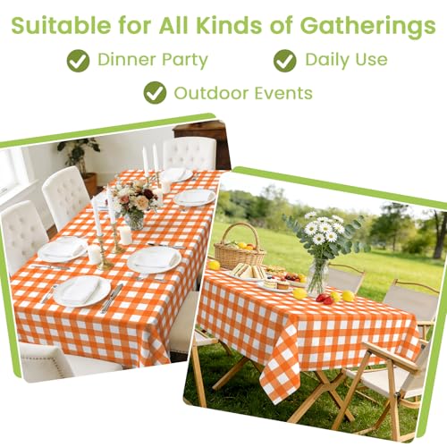 Image of Mulbozy Orange Gingham Tablecloth 4 Pack, 54 x 108 Inch Plastic Table Cloth Disposable, Orange and White Checkered Table Cover for Party Supplies