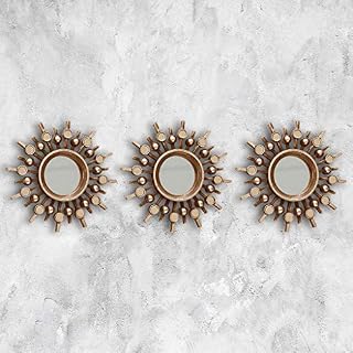 HomeZone Modern Metallic Sunburst Round Wall Mirrors with Distressed Bronze Effect - Lightweight Medieval Gold Steel Aztec Wall Mounted Mirror Set for Home, Living Room Decor (Set of 3, Bronzed Gold)