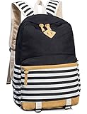 Leaper Cute Navy Style School Backpack Striped Canvas Bookbag Casual Travel Rucksack Black