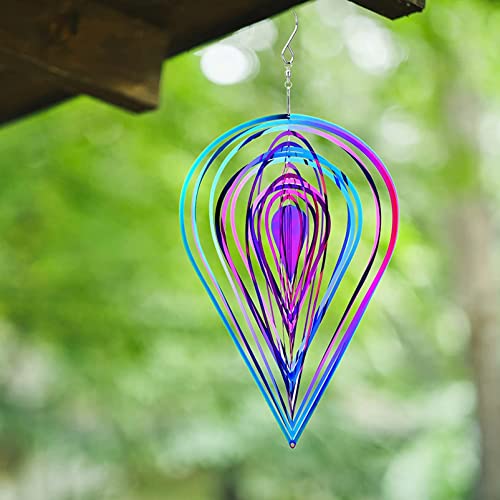 Dearbirder Wind Spinners For Yard And Garden - Metal 3D Water Drop Shape Rotating Wind Chime - Stainless Steel Hanging Wind Spinners For Home Or Outdoor Colorful Decor 12X8 Inches #TOP4