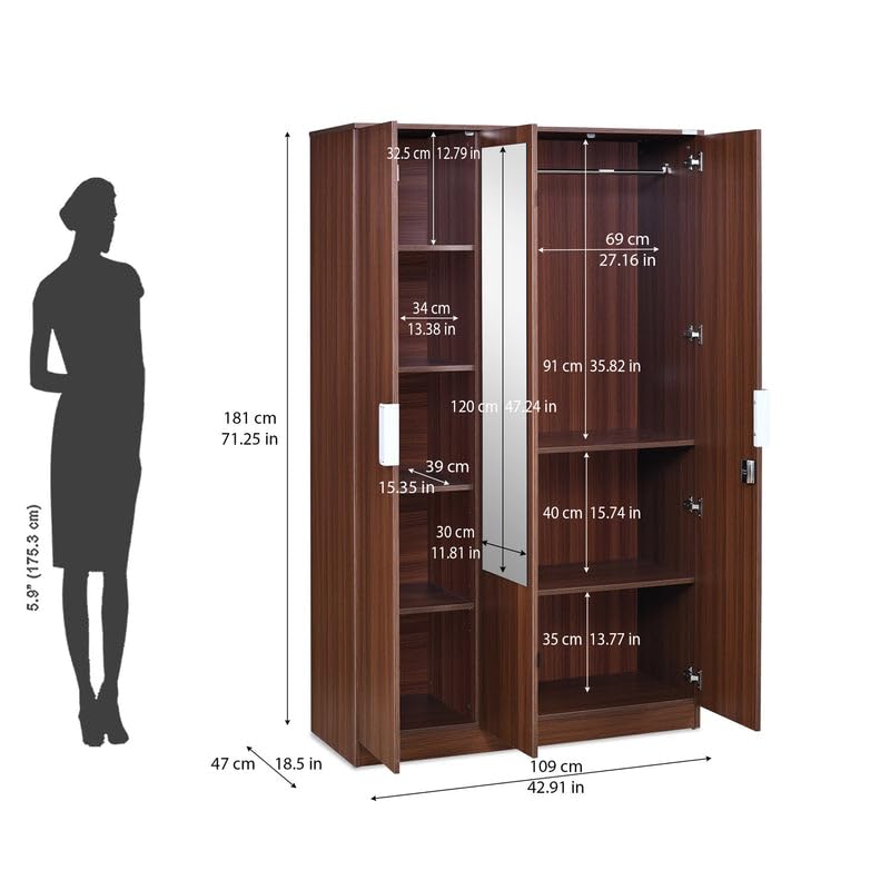 Nilkamal Store Nilkamal Joyce 3 Door Wooden Wardrobe with Mirror, - Image 2