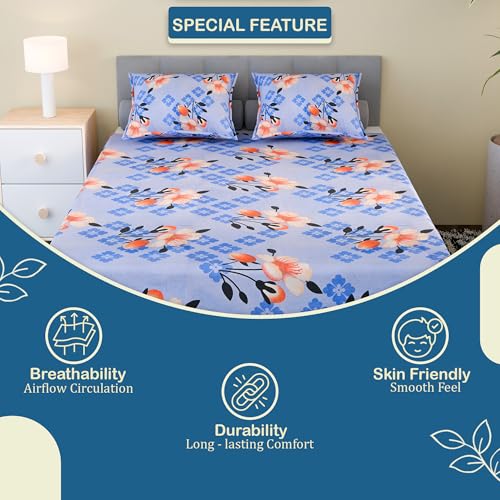 Image of Kuber Industries Cotton ‎100 TC Double Bedsheet With 2 Pillow Covers | Machine Washable Soft Bedsheet For Living Room, Home & Hotels | Flower Print - Light Blue