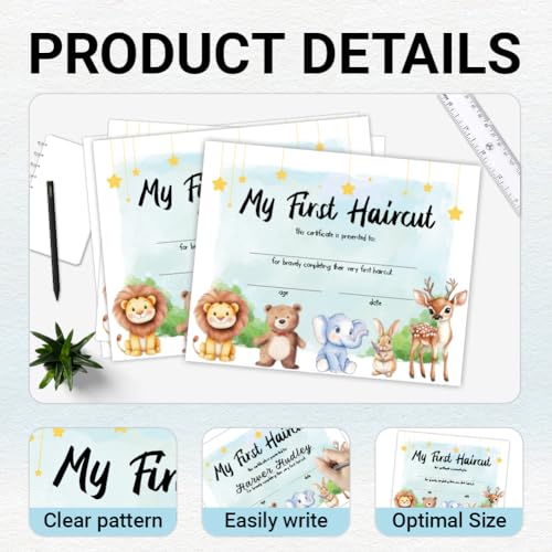 Doodlream 30 Mein Erster Haarschnitt Zertifikatspapiere Für Baby 9.8 x 7.8 Blanko Zertifikate Mit Niedlichem Tier Löwe Bär Giraffe Kaninchen Hirsch Für Den Friseursalon