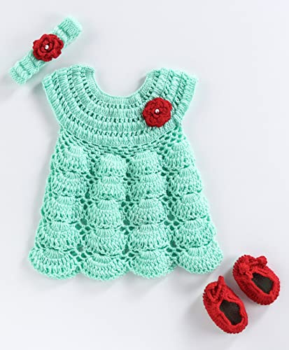 Image of Flower Detailed Sleeveless Dress with Headband & Booties - Sea Green