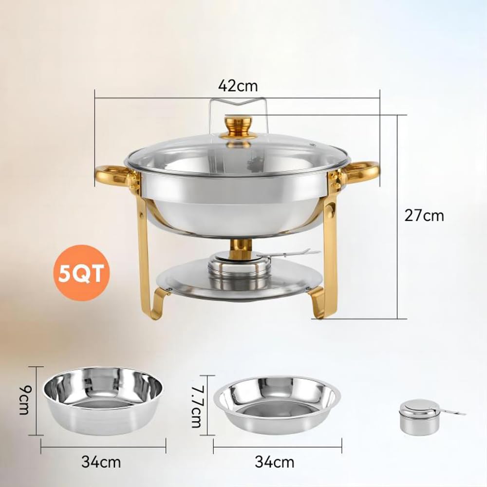 Set di 4 scaldavivande da buffet da 5 litri, in acciaio inox, rotondi, con coperchio in vetro e supporto, scaldavivande per feste, matrimoni, compleanni (vetro argentato)