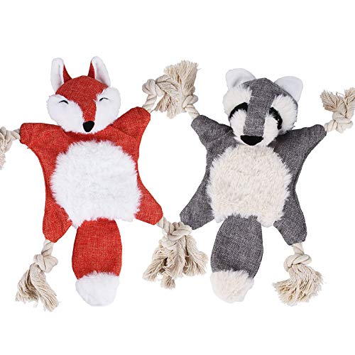 Dog Squeaky Toys No Stuffing, Lmhua 2 Pack Crinkle Dog Toys with Rope Knots Puppy Chew Toys Plush Dog Toy for Small Medium Dogs (Fox+Grizzly)