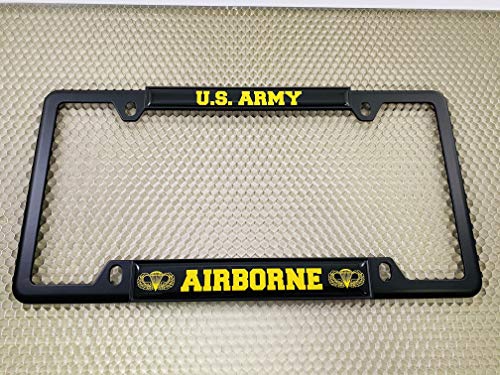 [Officially Licensed Product] - U.s. Army Airborne (Black & Yellow Text) - Domed Custom-Made Personalized Narrow (Thin) Top 4 Hole Metal Car License Plate Frame With Free Caps - Black (Qty: 1 Frame) #TOP3