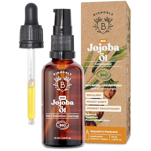 BIONOBLE Jojobaöl Bio Kaltgepresst 100% Rein - Reguliert Sebum, Pflegt Sanft, Anti-Pickel - Jojobaöl Haare, Gesicht, Körper, Nägel - Hexanfrei, Vegan Jojoba Oil - Glasflasche, Pipette, Pumpe - 50ml