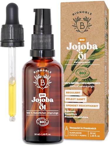 Bionoble Jojobaöl Bio 50ml - 100% Rein, Natürlich und Kaltgepresst - Gesicht, Körper, Haare, Bart, Nägel - Vegan und Cruelty Free - Jojoba Oil - Glasflasche + Pipette + Pumpe