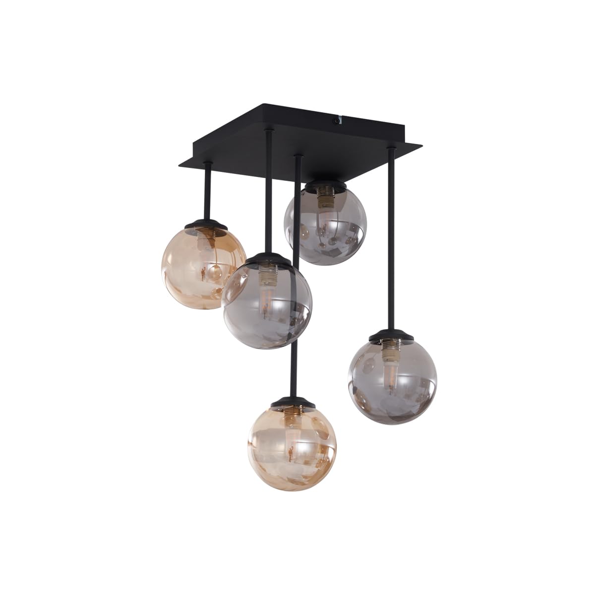 QAZQA - Moderne Deckenleuchte I Deckenlampe I Lampe I Leuchte Schwarz mit Bernstein- und Rauchglas 5-flammig - Athen I Wohnzimmer I Schlafzimmer - Metall Quadratisch I Kugel I Kugelförmig - LED geeign