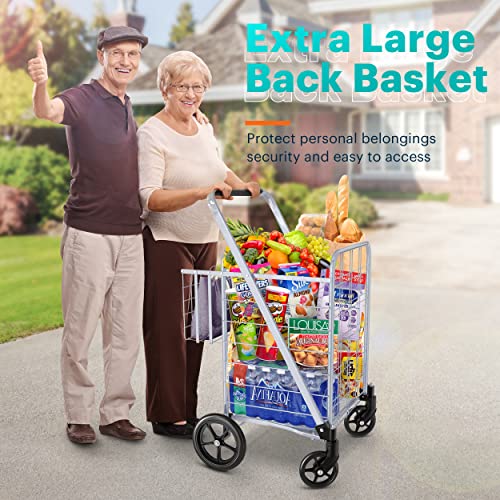 Shopping Cart, Jumbo Double Basket Grocery Cart 350 Lbs Capacity Folding Shopping Cart With 360° Rolling Swivel Wheels Super Loading Utility Shopping Cart For Laundry, Shopping, Grocery, Luggage #TOP1