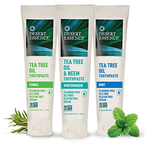 Desert Essence Tea Tree Oil Toothpaste - Mint - 6.25 Ounce - Pack Of 3 - Refreshing Taste - Deep Cleans Teeth & Gums - Helps Fight Plaque - Sea Salt - Pure Essential Oil - Baking Soda #TOP7