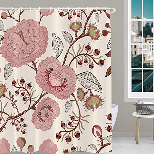 BaoNews Cortina de ducha decorativa floral de rosas color rosa, beige, patrón de rosas en el estilo Art Nouveau, cortina de ducha, resistente al agua, tamaño estándar, 60 x 72 pulgadas