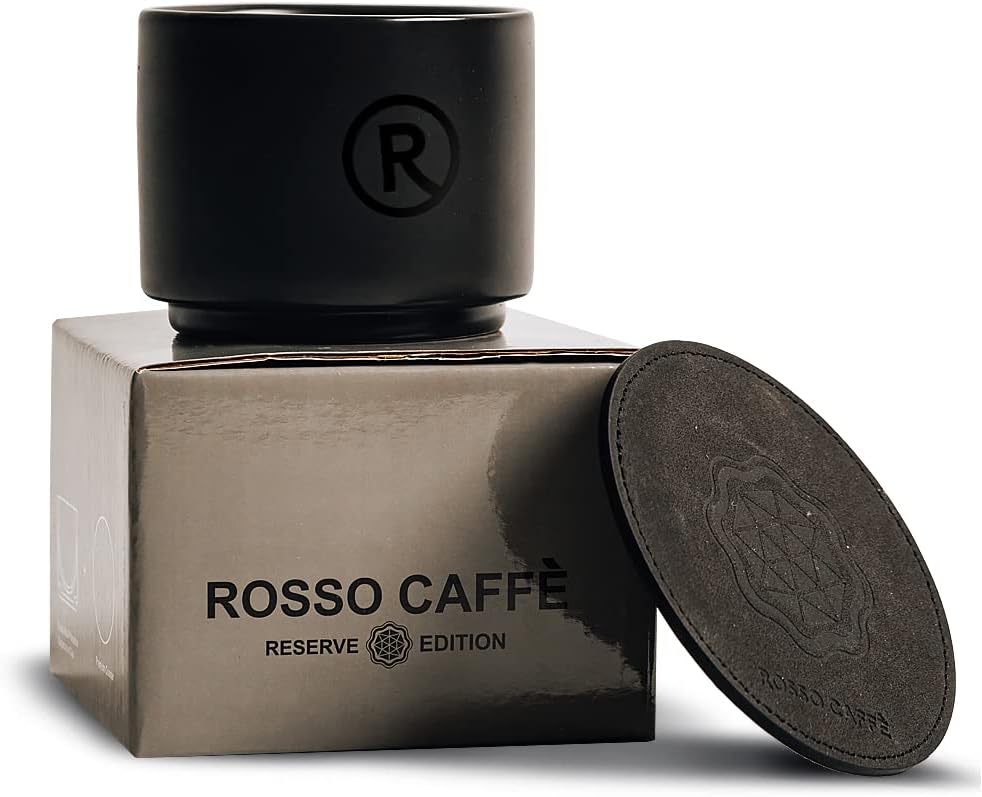 Reserve- 6.5 oz Double Wall Black Stunning Ceramic Cup with Well Designed Coaster for Cappuccino or Lungo. BPA free and Dishwasher safe
