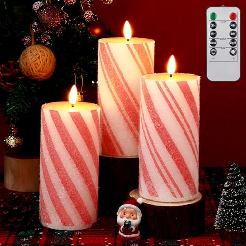 Image of Glooglitter Set of 3 Christmas Flameless LED Candle Frosting Candy Cane Stripe Holiday Pillar Taper Moving Candles Battery Operated Flame Candle with Remote Control for Home Xmas Wedding Decoration