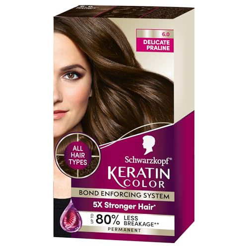 Schwarzkopf Keratin Color Permanent Hair Color, 6.0 Delicate Praline, 1 Application – Salon Inspired Permanent Hair Dye, for up to 80% Less Breakage vs Untreated Hair and up to 100% Gray Coverage
