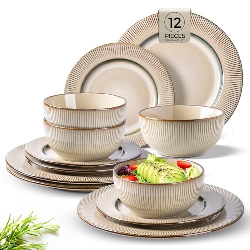 Image of GBHOME Ceramic Dinnerware Sets,12 pcs Embossed Elegant Stoneware Plates and Bowls Sets, Housewarming Wedding Gift | Dishwasher & Microwave Safe | Dishes Set Service for 4