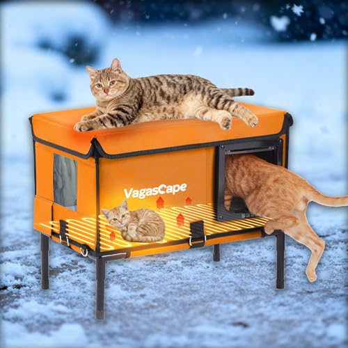 Vagascape Heated Outdoor Cat House for Outside Pets in Winter - Outdoor House for Ferals, Safe Escape Door Included, Rainproof & Windproof, Easy Installation (Orange)