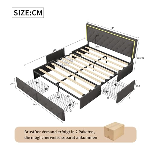 DULRLLY Bett mit Stauraum, 140x200 Polsterbett mit 4 Schubladen und LED-Kopfteil, Doppelbett Bettgestell mit Lattenrost, Jugendbett Funktionsbett Stauraumbetten Rückenlehne Bett, Dunkelgrau(PU) – Bild 3
