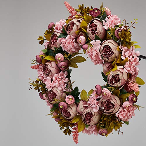 Bernice 19 Inch Artificial Flower Peony Wreath Blooming Silk Flower Retro Peonies Wreath For Outdoor Front Door Indoor Wall Or Window Décor #TOP7