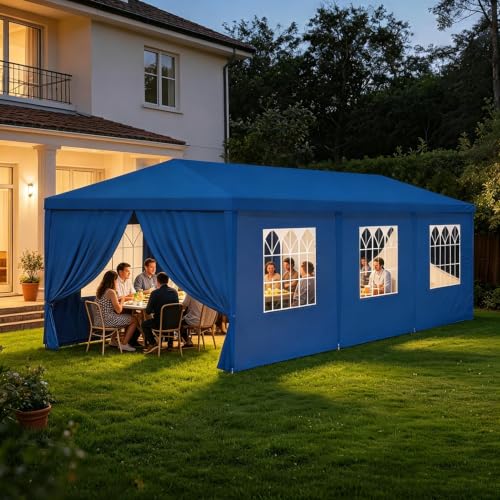 10x30 FT Outdoor Party Tent with 8 Removable Sidewalls, Blue Waterproof UV Resistant Canopy Shelter for Wedding Backyard BBQ Events