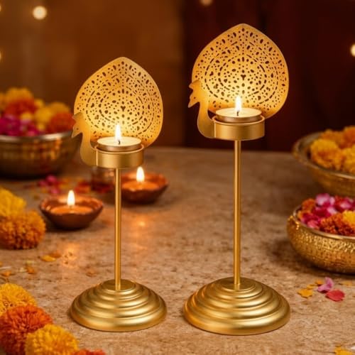 Image of Peacock Tealight Candle Holder Stand Set of 4 | Iron Gold Coated Tea Light Candle Stand | Side Table Showpiece | Perfect for Pooja Rooms, Diwali Decoration & Gifting
