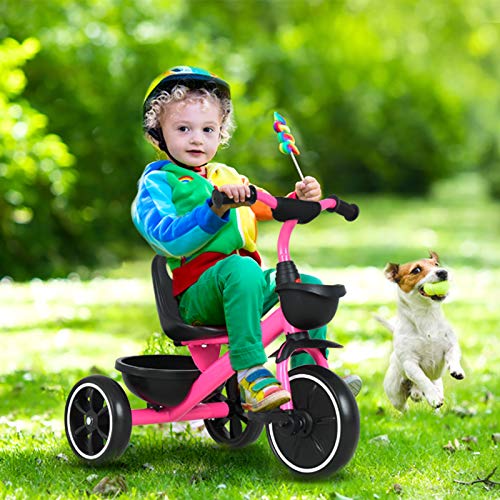 Uenjoy Tricycle 3-Wheeler Ride-on Toy with 2 Storage Baskets on Front & Back for 2-5 Years Old Boys & Girls, Safe Design & Non-Slip Handlebar, Pink