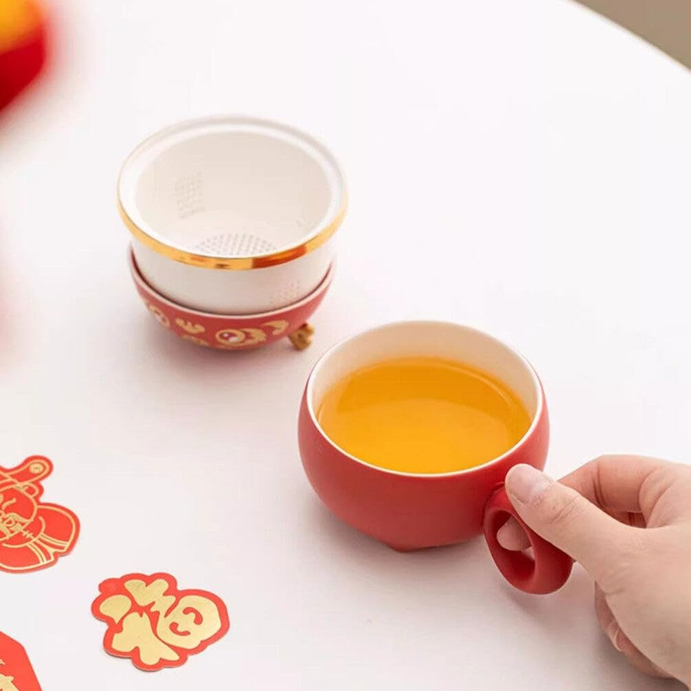 STOBAZA Tazza da Tè in Ceramica 140ml Filtro, Coperchio Rosso