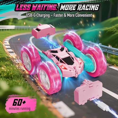 Image of Hamdol Pink RC Car for Girls Age 6+, 360 Rotating Stunt Remote Control Vehicle with LED Lights, Upgraded 4WD USB-C Rechargeable Electric Toy, Perfect Birthday, Holiday