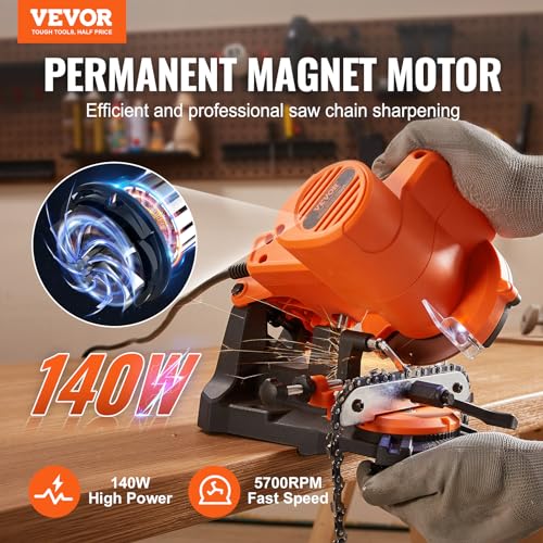 VEVOR Electric Chainsaw Sharpener, 140W Electric Saw Chain Blade Sharpener 5700RPM, Professional Bench Chain Saw Sharpening Tool with 3 Grinding Wheels Fit 0.25" to 0.404" Pitch Chains - Image 2