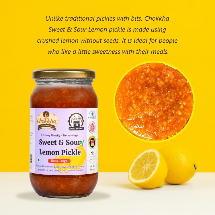 Chookha Traditional Homemeade Red Chilli & Sweet & Sour Lemon Pickle (Lal Mirch Meetha Nimbu) | No colour Added | Vegan | 100% Oil-Free | Combo of 2 | 200 Gm Each 2