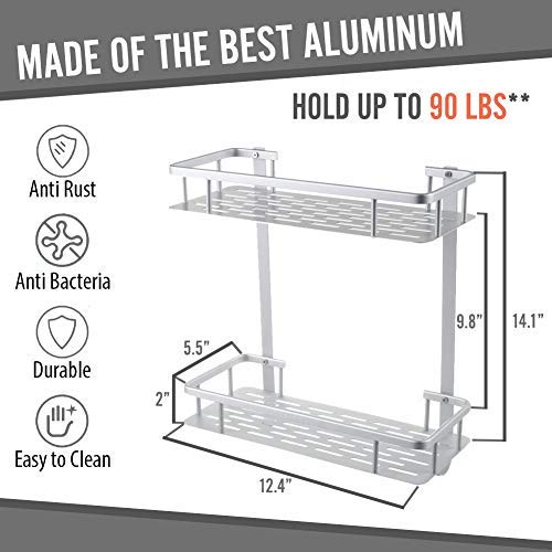 2 Tier Wall Mount Bathroom Shelf Organizer With Hooks, Heavy Duty Shelves For Bathroom Basket Caddy Storage For Bathroom Bedroom Kitchen Toilet Shelves, Shelves Bathroom Installation With Adhesive #TOP4
