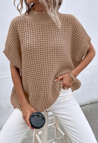 Pink Queen Women's Mock Neck Batwing Short Sleeve Loose Oversized Knit Pullover Sweater Vest Jumper Tops4