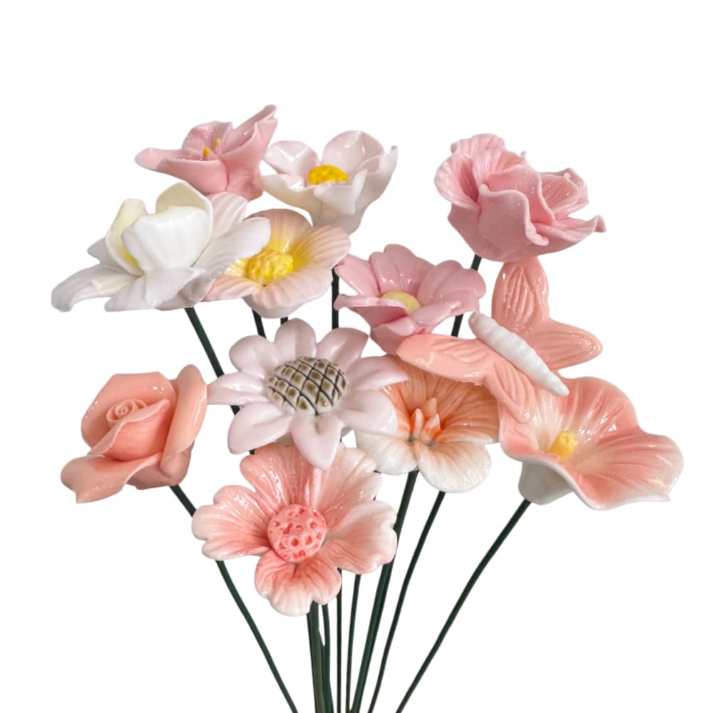 Piquets de plantes en porcelaine et fleurs en céramique d'art