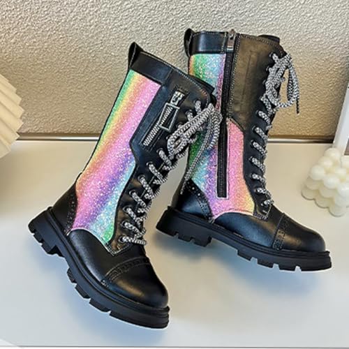 Girls Glitter Combat Boots Lace Up Riding Boots Knee High Side Zipper Mid Calf Shoes Sparkly Dress Boots for Toddler/Little Kid/Big Kid4