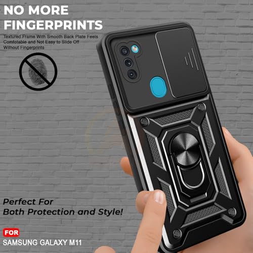 Image of Armor Bumper Back Cover Case for Samsung M11 | Rotating Camera Cover, Ring Holder & Kickstand | Heavy Duty & 360 Degree Protection Samsung M11 Back Cover (Black)