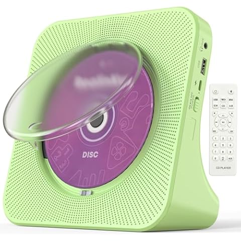 Realinkus Green CD Player for Home, Desktop CD Player with Speakers, FM Radio, Remote Control, Bluetooth, USB and AUX Port, Vertical Stand and Portable, Wired Cover