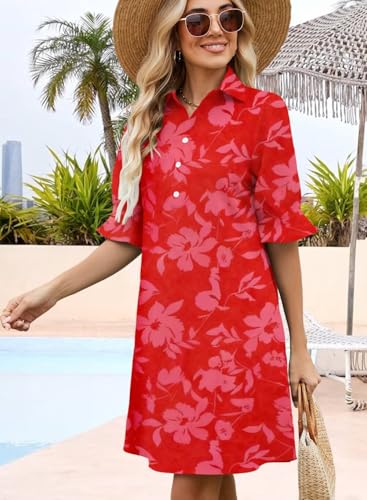 Image of Womens Summer Shirt Mini Dresses 2026 Beach | Flowy Shift Dress, Button V Neck, Polo Collar, Ruffle Short Sleeve, Floral Boho Style, Casual Vacation Outfits with Pockets